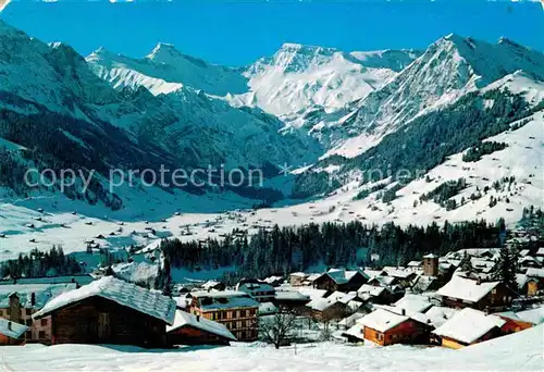 Adelboden Winterpanorama mit Tierhoernli Steghorn Wildstrubel Fitzer Berner Alpen Kat. Adelboden