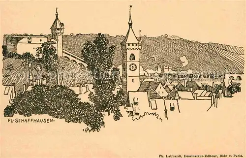 Schaffhausen SH Altstadt Kirche Festung Munot Zeichnung Kuenstlerkarte Kat. Schaffhausen