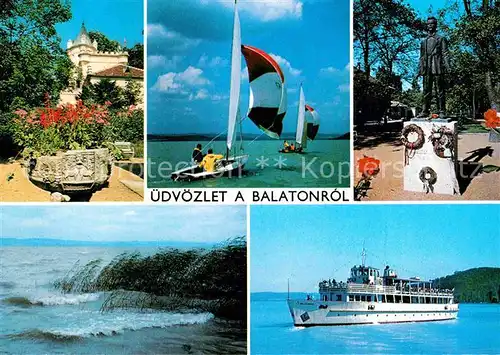Balaton Plattensee Teilansichten Segelboote Denkmal Fahrgastschiff Kat. Ungarn