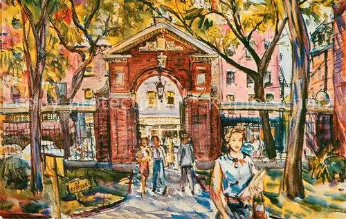 Cambridge Massachusetts Harvard Gate watercolor painting by Charles Demetropoulos Kuenstlerkarte Kat. Cambridge