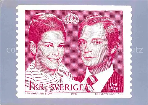 Briefmarke auf Ak Adel Schweden Koenig Carl XVI. Gustaf Silvia Sommerlath  Kat. Besonderheiten