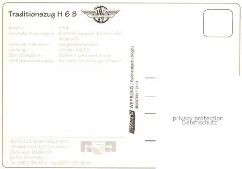 Autobus Omnibus Traditionszug H 6 B Regionalverkehr Chemnitz Kat. Autos