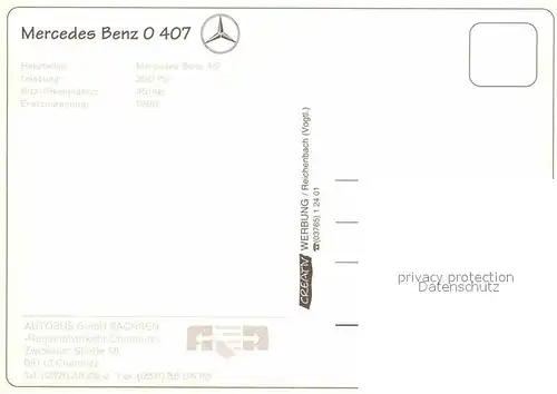 Autobus Omnibus Mercedes Benz 0 407 Regionalverkehr Chemnitz Kat. Autos