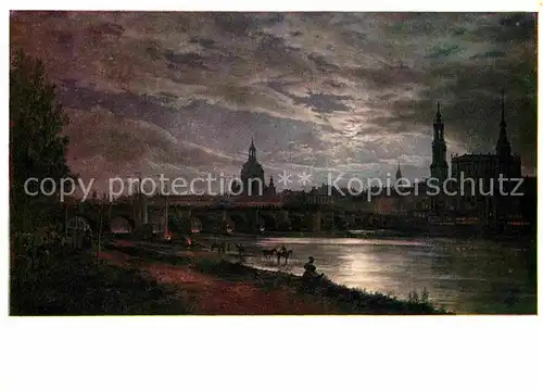 Kuenstlerkarte Johann Christian Claussen Dahl Blick auf Dresden bei Vollmondschein Kat. Kuenstlerkarte