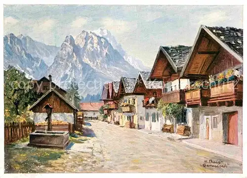 Kuenstlerkarte Heinz Theis Die Fruehlingsstrasse in Garmisch Kat. Kuenstlerkarte