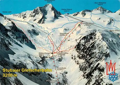 Skifahren Pistenplan Stubaier Gletscherbahn Stubaital Kat. Sport