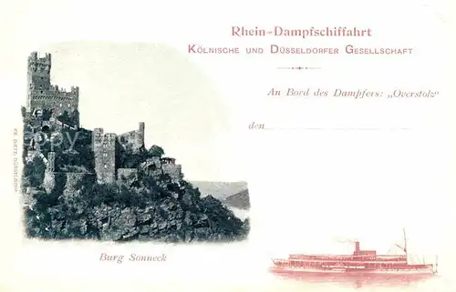 Dampfer Seitenrad Overstolz Rhein Dampfschiffahrt Burg Sonneck  Kat. Schiffe