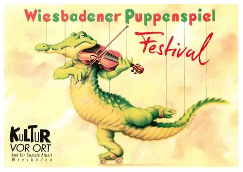 Vermenschlicht Krokodil Geige Wiesbaden Puppenspiel Festival  Kat. Kuenstlerkarte
