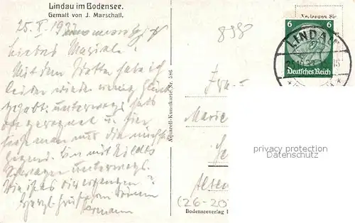 Kuenstlerkarte J. Marschall Lindau Bodensee  Kat. Kuenstlerkarte