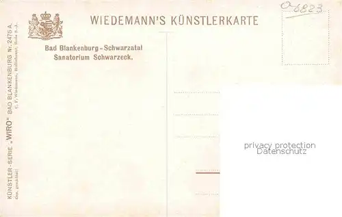 Verlag Wiedemann WIRO Nr. 2475 A Bad Blankenburg Schwarzatal Sanatorium Schwarzeck Kat. Verlage