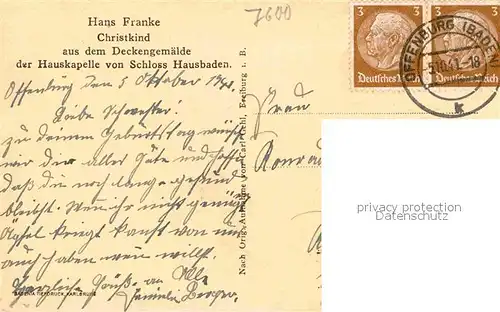 Franke Hans Christkind Deckengemaelde Hauskapelle Schloss Hausbaden  Kat. Kuenstlerkarte