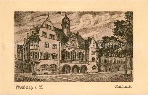 Freiburg Breisgau Rathaus Federzeichnung Rudi Mueller Kat. Freiburg im Breisgau