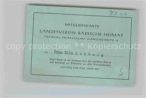 Freiburg Breisgau Mitgliedskarte Landesverein Badische Heimat Kat. Freiburg im Breisgau