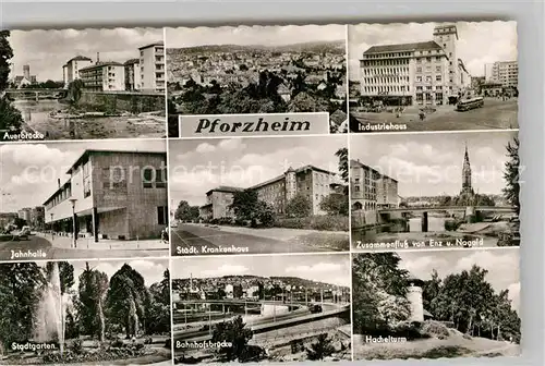 Pforzheim Auerbruecke Panorama Industriebau Jahnhalle Staedt Krankenhaus Zusammenfluss von Enz und Nagold Stadtgarten Bahnhofsbruecke Hachelturm Kat. Pforzheim