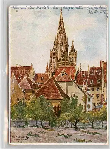 Alt Freiburg mit Blick auf das Muenster Kuenstlerkarte J. Hellmann Kat. Freiburg Breisgau