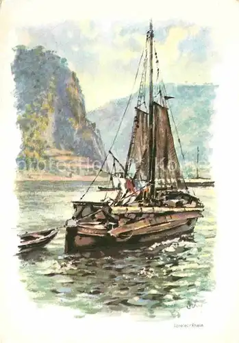Segelboote Loreley am Rhein Kuenstlerkarte Kat. Schiffe