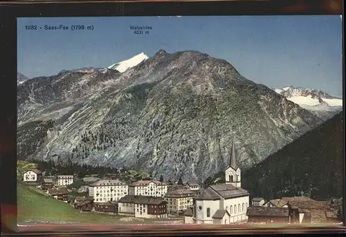 Saas Fee Panorama mit Blick auf Weissmies Kuenstlerkarte Kat. Saas Fee