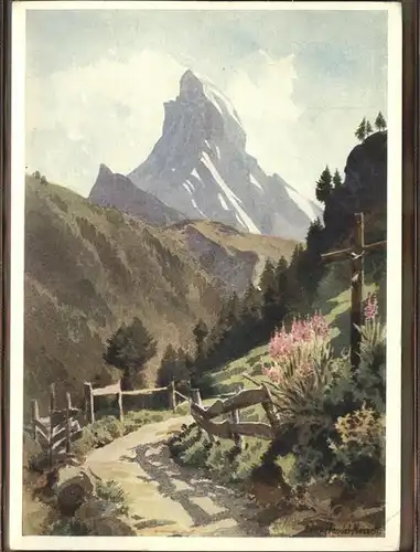 Zermatt VS Weg nach Zmutt   Matterhorn Kuenstlerkarte Kat. Zermatt