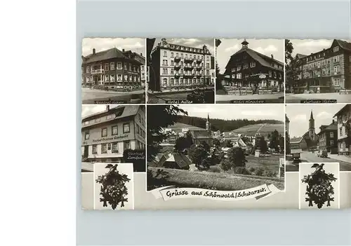 AK / Ansichtskarte Schoenwald Schwarzwald Hotels Adler Hirschen Falken Kuckucksuhren Kat. Schoenwald im Schwarzwald