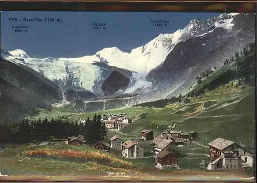 AK / Ansichtskarte Saas Fee Panorama mit Blick auf Allalinhorn Alphubel und Taeschhorn Kuenstlerkarte Kat. Saas Fee