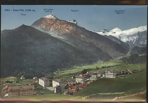 AK / Ansichtskarte Saas Fee Panorama mit Blick auf Pattje Mittaghorn Egginer und Allalinhorn Kuenstlerkarte Kat. Saas Fee