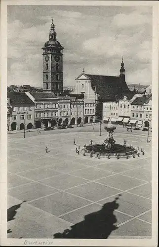 AK / Ansichtskarte Budweis Suedboehmen Marktplatz mit Samsonbrunnen Rathaus und Schwarzem Turm A.H. Platz Kat. Ceske Budejovice