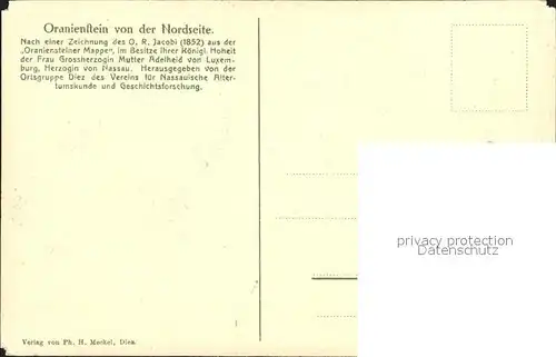 AK / Ansichtskarte Oranienstein Lahn Schloss Zeichnung Jacobi 1852 Oraniensteiner Mappe Kuenstlerkarte Kat. Diez