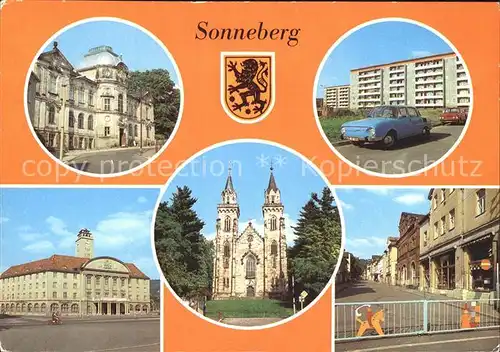 AK / Ansichtskarte Sonneberg Thueringen Spielzeugmuseum Altersheim Rathaus Kirche Fussgaengerzone Wappen Kat. Sonneberg