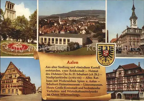 AK / Ansichtskarte Aalen Blumenuhr Panorama Kirche Rathaus Schubart Heimatmuseum Kat. Aalen