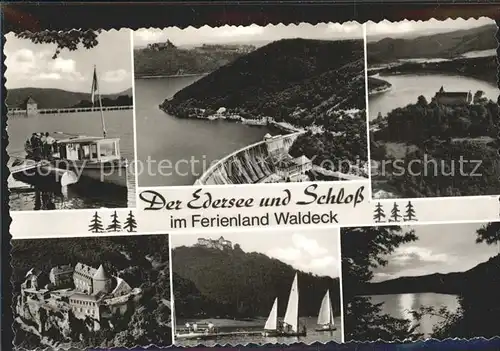 AK / Ansichtskarte Edersee Ferienland Waldeck Schloss Sperrmauer Edertalsperre Segeln Abendstimmung Kat. Edertal