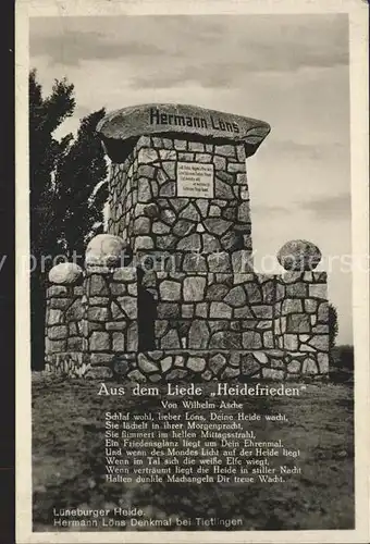 AK / Ansichtskarte Tietlingen Hermann Loens Denkmal Lied Heidefrieden Wilhelm Asche Bahnpost