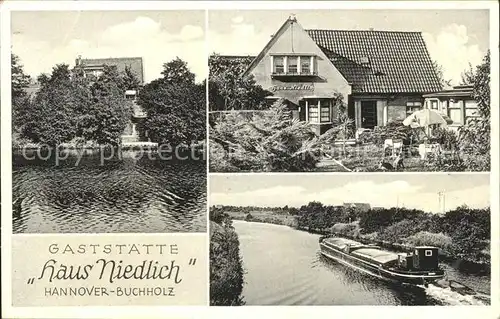 AK / Ansichtskarte Buchholz Hannover Gaststaette Niedlich Ausflugslokal am Kanal Frachtkahn Kat. Hannover