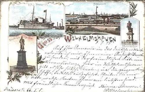 AK / Ansichtskarte Wilhelmshaven MS Hohenzollern Dampfer Hafenansicht Adalbertdenkmal Kaiser Wilhelm Denkmal Kat. Wilhelmshaven
