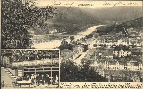 AK / Ansichtskarte Carlshafen Blick von der Juliushoehe ins Wesertal Restaurant Kat. Bad Karlshafen