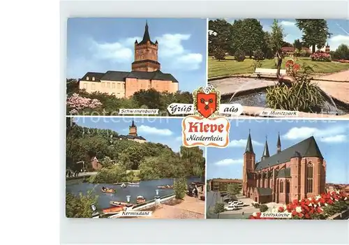 AK / Ansichtskarte Kleve Schwanenburg Moritzpark Kermisdahl Stiftskirche Wappen Kat. Kleve