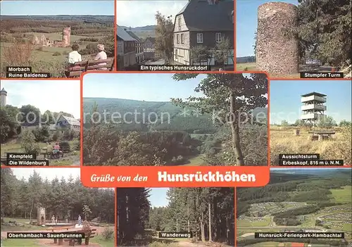 AK / Ansichtskarte Hunsrueck mit Ruine Baldenau Dorfansicht Stumpfer Turm Wildenburg Aussichtsturm Erbeskopf Sauerbrunnen Wanderweg Ferienpark Hambachtal