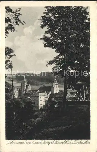 AK / Ansichtskarte Schwarzenberg Erzgebirge Durchblick vom Todenstein Schloss Kirche Kupfertiefdruck Kat. Schwarzenberg