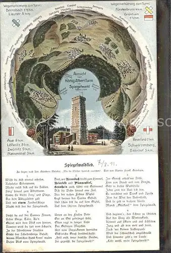 AK / Ansichtskarte Gruenhain Beierfeld Koenig Albert Turm Spiegelwaldlied  Kat. Beierfeld Erzgebirge