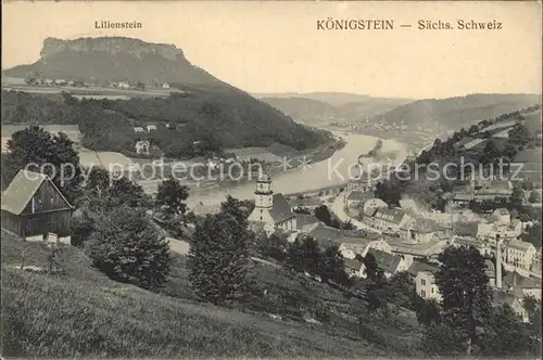 AK / Ansichtskarte Koenigstein Saechsische Schweiz Panorama mit Lilienstein Elbe Elbsandsteingebirge Kat. Koenigstein Saechsische Schweiz