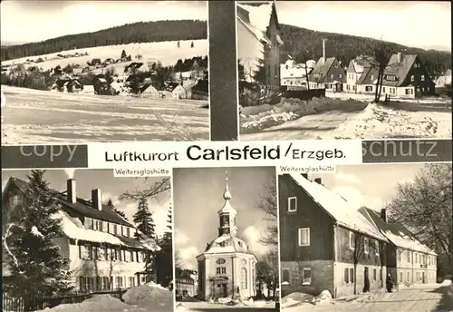 AK / Ansichtskarte Carlsfeld Erzgebirge Teilansichten Luftkurort Kirche Weitersglashuette Winterlandschaft Kat. Eibenstock