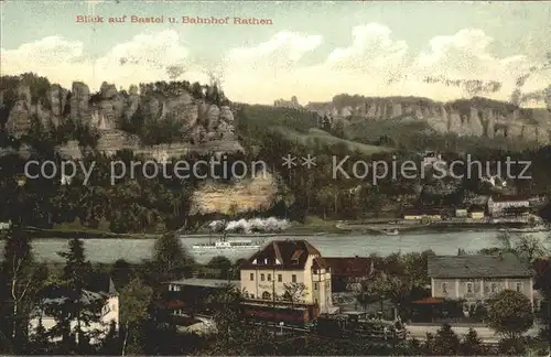 AK / Ansichtskarte Rathen Saechsische Schweiz Blick auf Bastei Bahnhof und Elbe Kat. Rathen Sachsen