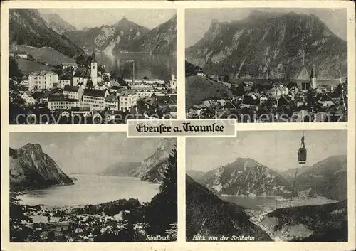 AK / Ansichtskarte Ebensee Oberoesterreich Ortsansicht mit Kirche Traunsee Alpenpanorama Seilbahn Rindbach Kat. Ebensee Salzkammergut