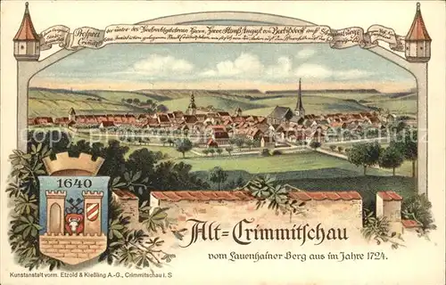 AK / Ansichtskarte Alt Crimmitschau vom Lauenhainer Berg aus anno 1724 Wappen Offizielle Postkarte Stadtrechtsfeier