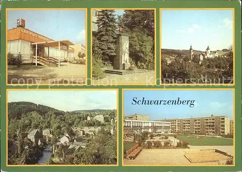 AK / Ansichtskarte Schwarzenberg Erzgebirge Gaststaette Roter Loewe Sowjetisches Ehrenmal Schloss Stadtkirche Kindergarten Kat. Schwarzenberg