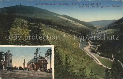 AK / Ansichtskarte Auersberg Wildenthal Unterkunftshaus und Aussichtsturm mit Tal der gr Bockau Kat. Eibenstock