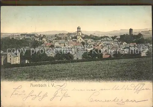 AK / Ansichtskarte Auerbach Vogtland Stadtbild mit Kirche und Schloss Turm Bahnpost Kat. Auerbach