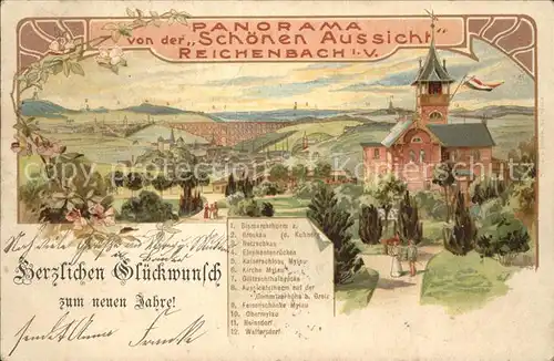 AK / Ansichtskarte Reichenbach Vogtland Panorama von der Schoenen Aussicht Neujahrskarte Kuenstlerkarte Reichspost Kat. Reichenbach