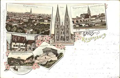 AK / Ansichtskarte Regensburg Totalansicht Dom Steinerne Bruecke Rathaus Walhalla Ruhmeshalle Befreiungshalle Litho Kat. Regensburg