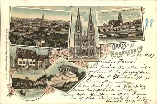 AK / Ansichtskarte Regensburg Stadtbild mit Dom Steinerne Bruecke Rathaus Walhalla Befreiungshalle Litho Kat. Regensburg