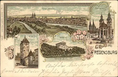 AK / Ansichtskarte Regensburg Totalansicht Dom Walhalla Ostentor Litho Kat. Regensburg